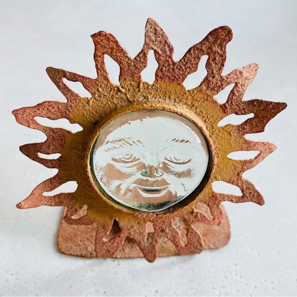 Vintage Other - Vintage Mayan Sand Coated Metal Celestial Sun Heavy Glass Face Candle Holder